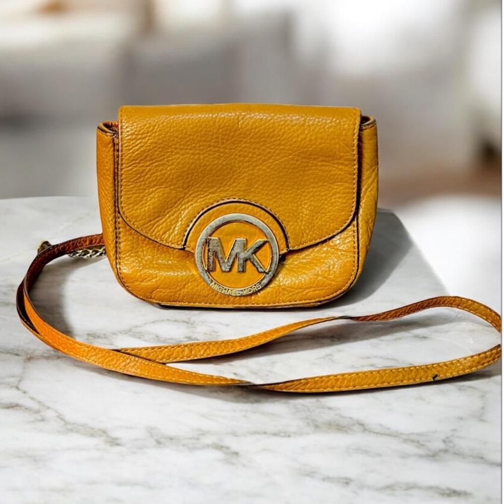 Michael Kors Yellow Leather Crossbody‎ Bag Gold MK Logo Flap Small Purse